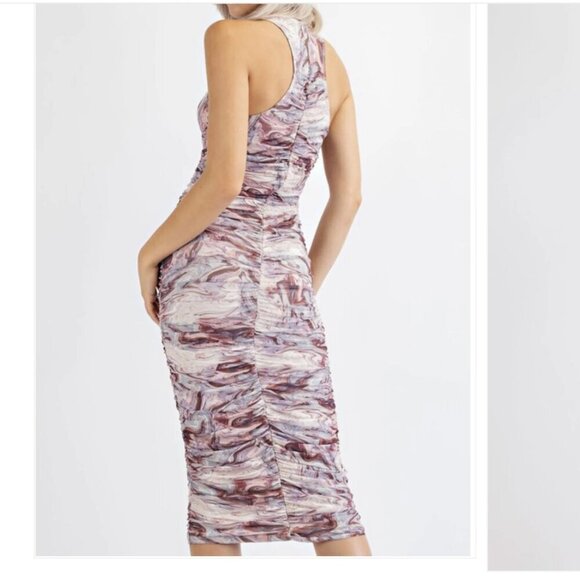 EDIT‎ BY NINE Ruched Bodycon Candy Pink Tulle Stretch Print Midi Dress S - Picture 5 of 16